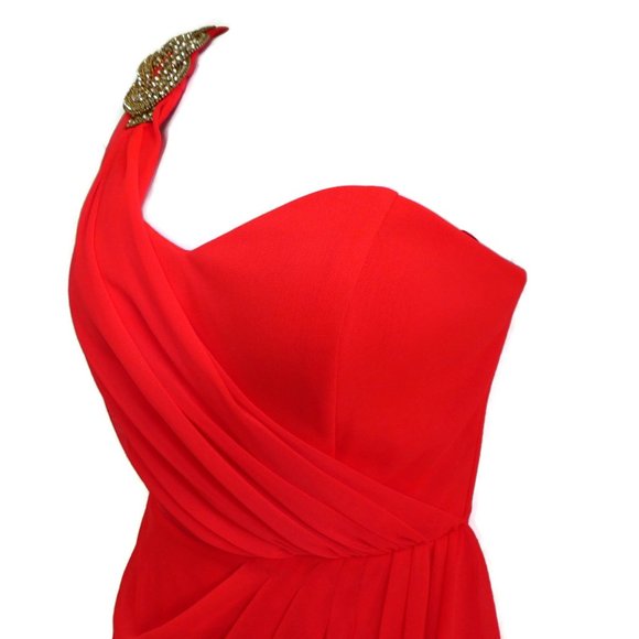 Cache Cocktail Dress Rhinestone Brooch Neon Red Ruched Padded Bra Zip Back USA 4 - Picture 5 of 15